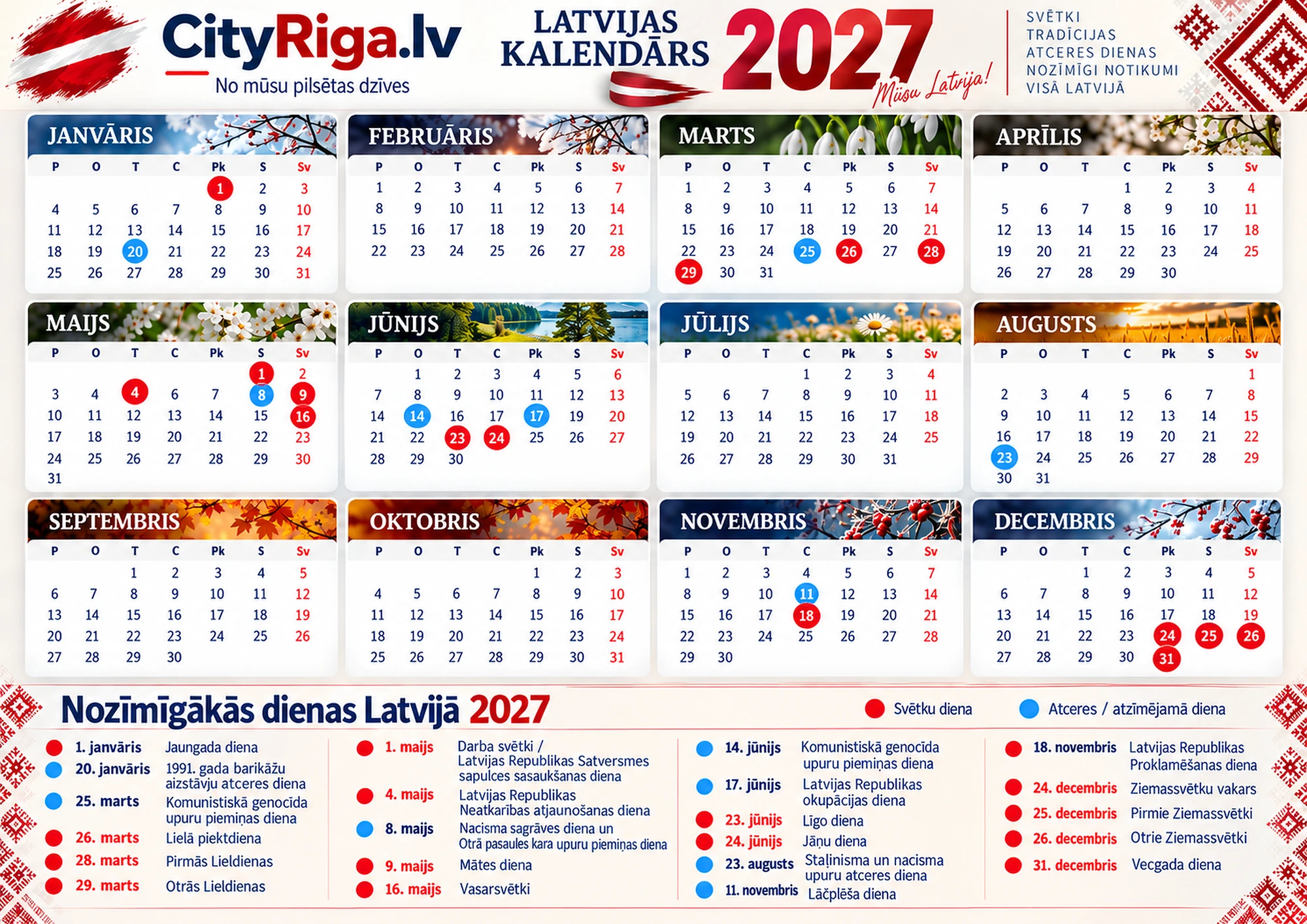 CityRiga.lv Latvijas kalendārs 2027 ar Latvijas svētku un atceres dienām