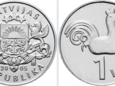 Latvijas monētas – 1 lats – Pētera baznīcas gailis