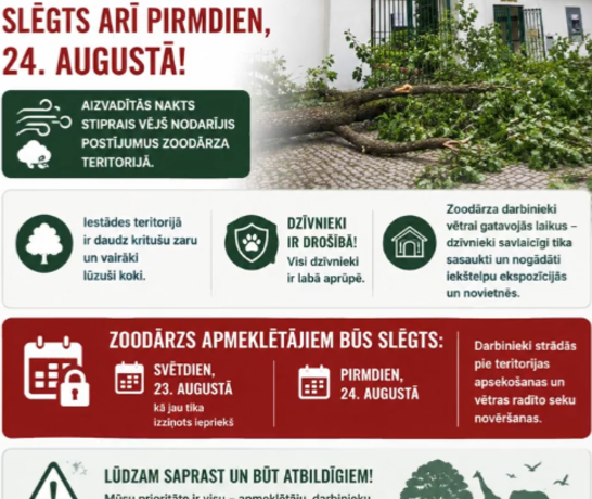 Rīgas zoodārzs vētras postījumu dēļ būs slēgts arī pirmdien, 24. augustā