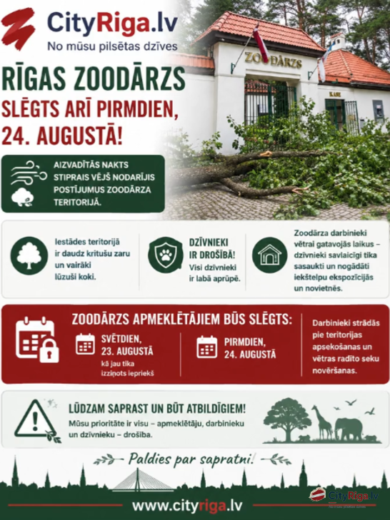 Rīgas zoodārzs vētras postījumu dēļ būs slēgts arī pirmdien, 24. augustā