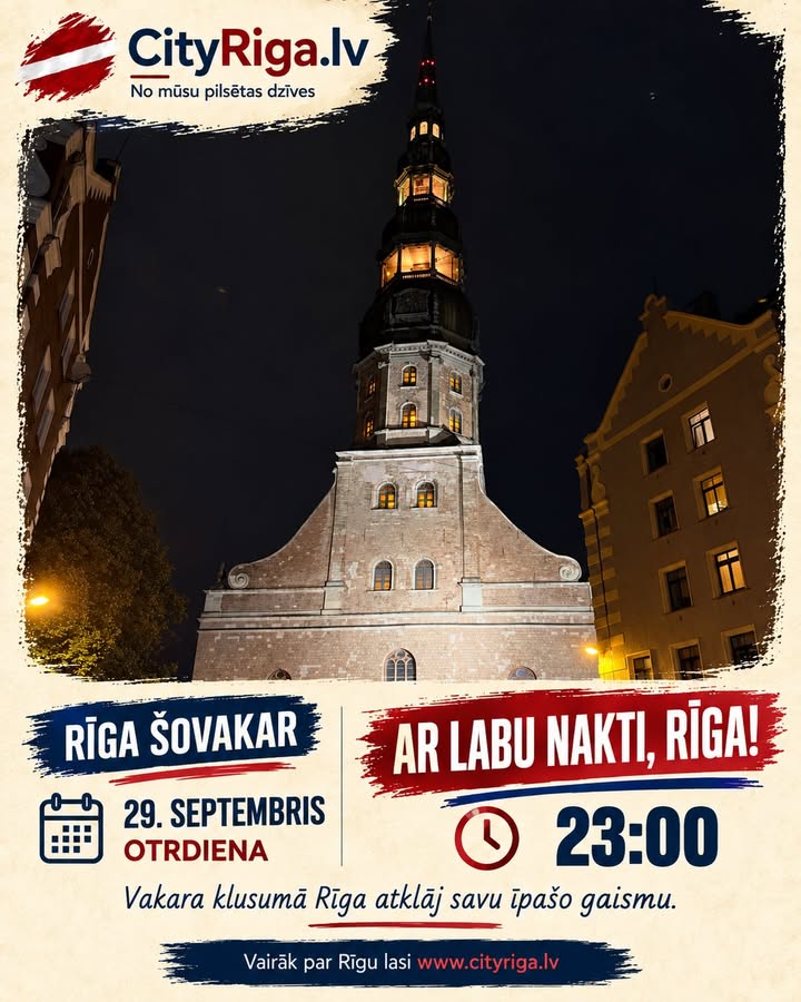 Virs Vecrīgas paceļas Svētā Pētera baznīcas tornis, bet pilsētas rosīgās ielas pamazām kļūst klusākas